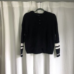 navy blue hooded sweater with white stripes